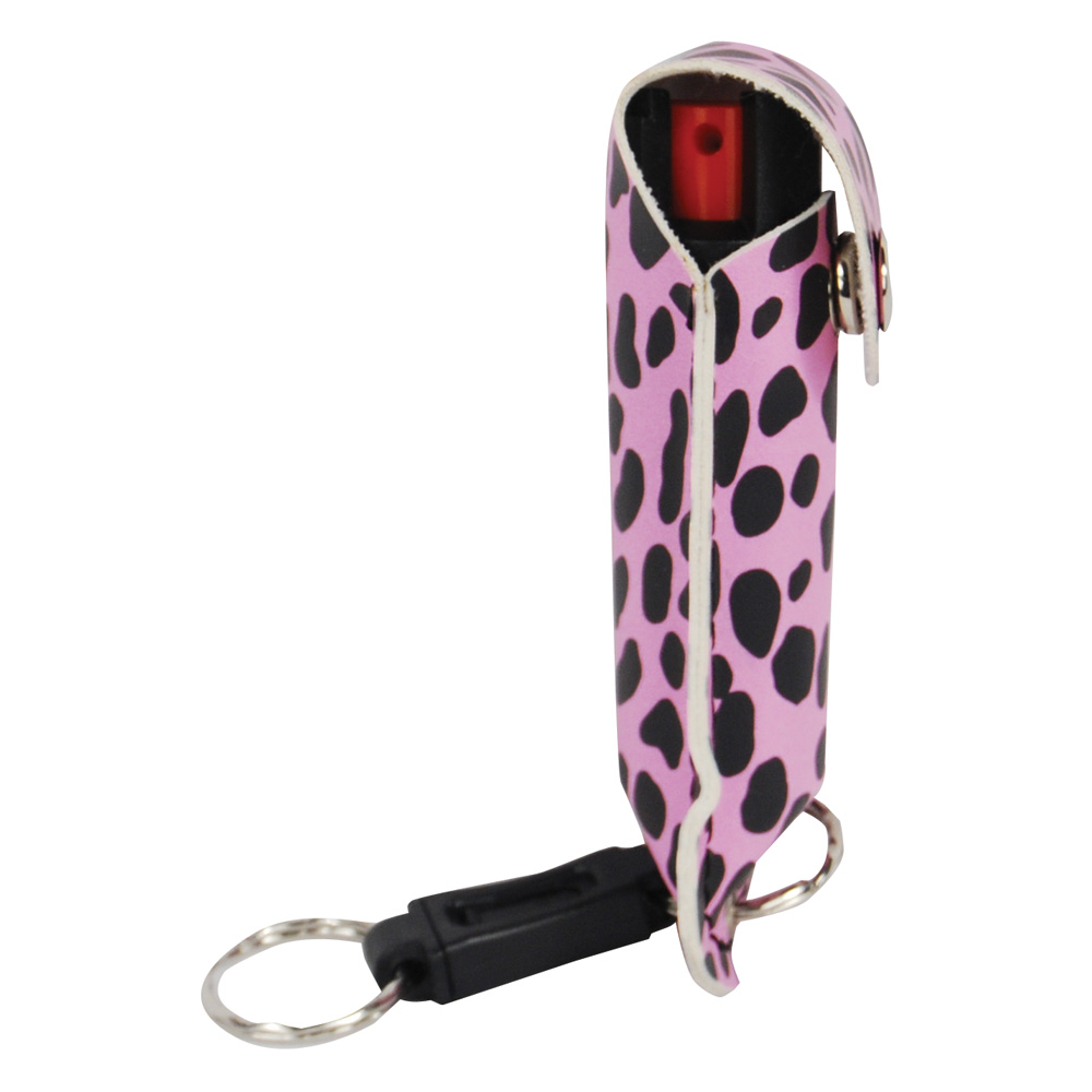 Wildfire 1.4% MC 1/2 oz pepper spray fashion leatherette holster and quick release keychain cheetah black/pink view 5